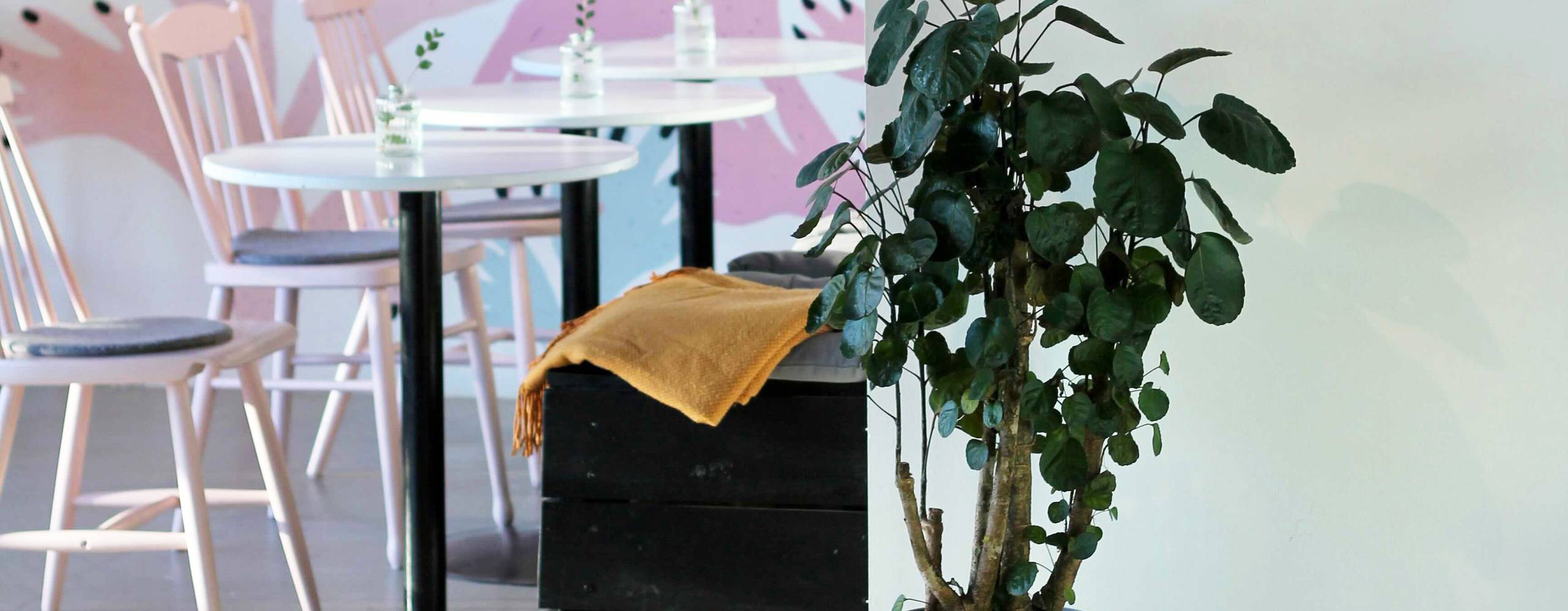 Inomhusmiljön på Slow Hands Café, men vägg målad av illustratören Cajsa Wessberg i bakgrunden.