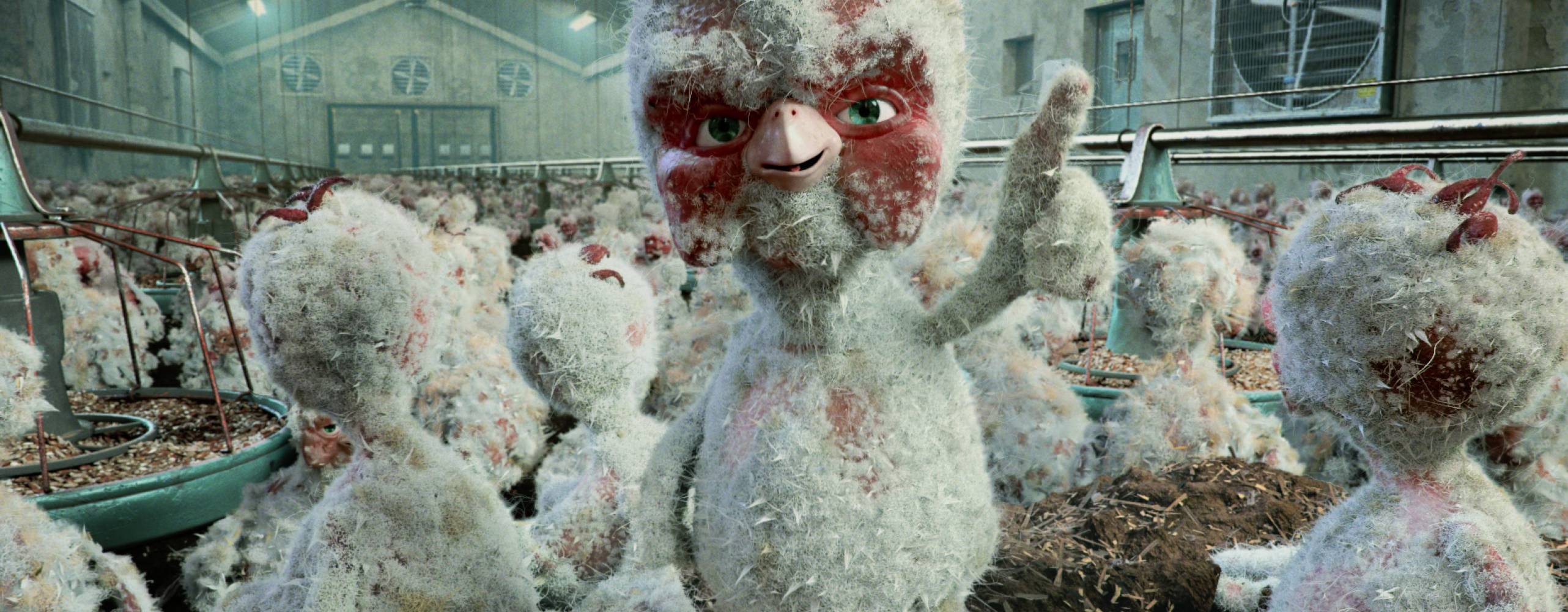 Animerad kyckling i kycklingstall, från kortfilmen "Världens bästa djurskydd".