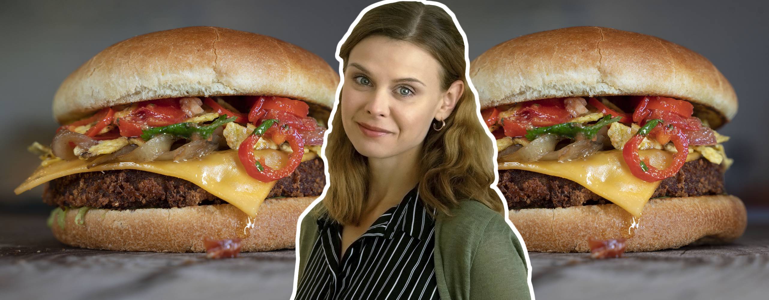 BORES veganska &quot;månadens burgare&quot; Vegan FriYay, med Välj Vegos redaktör Matilda Andersson inklippt i bild.