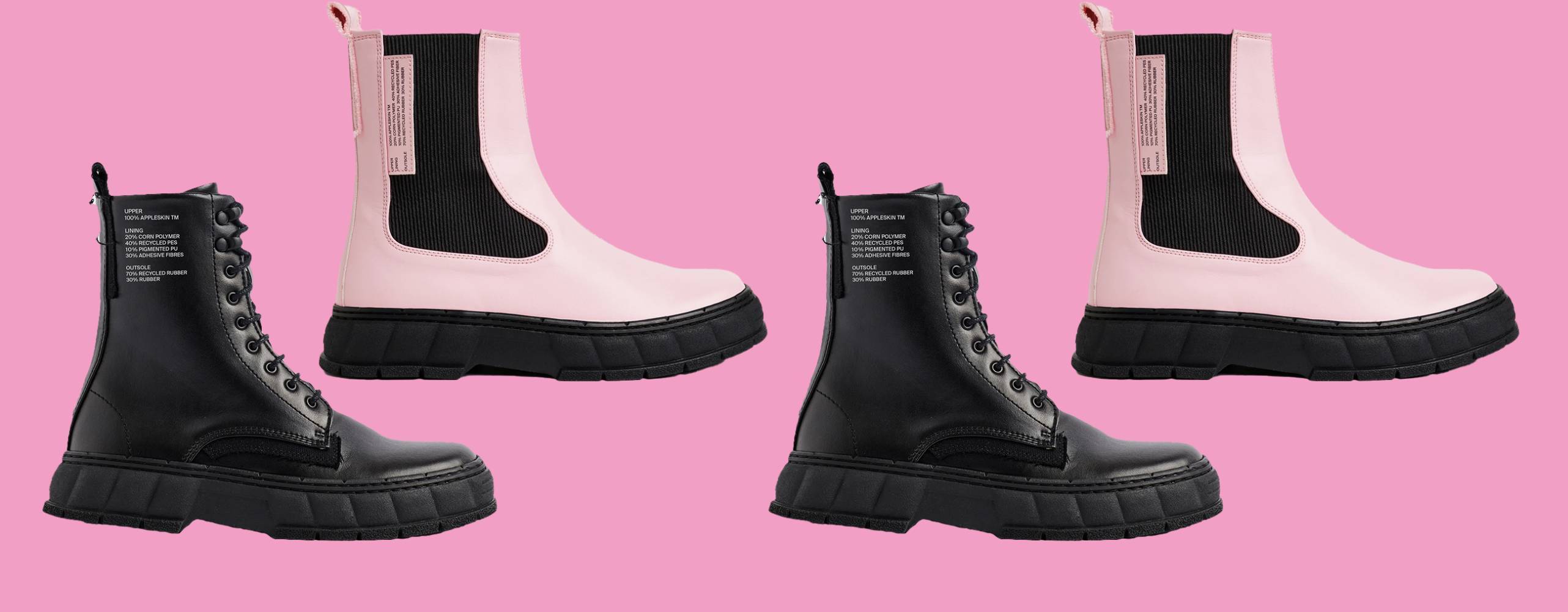 Produktfoto: Virón Uppradade kängor i svart och rosa mot en rosa bakgrund
