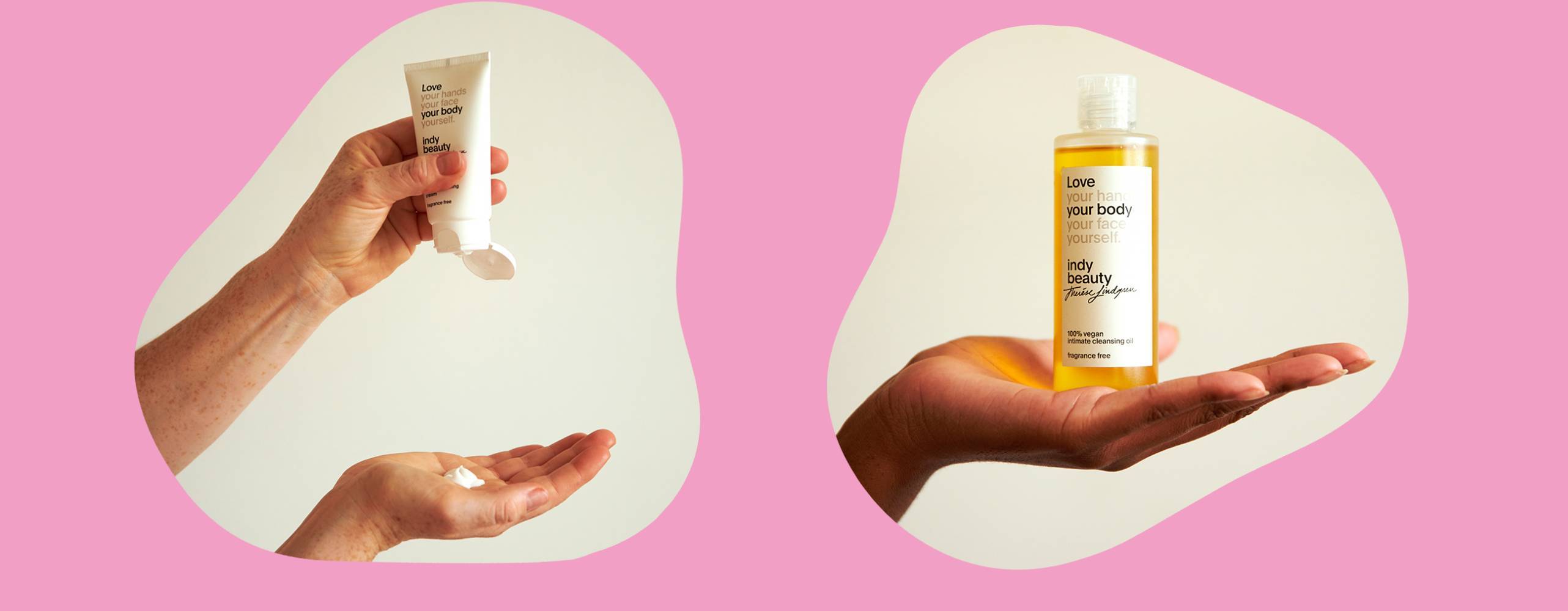Produktfoton: Indy Beauty Ett foto med en hand som klämmer ut kräm ur en tub i en annan hand samt ett till foto där en hand håller en olja, båda foton är mot en rosa bakgrund.