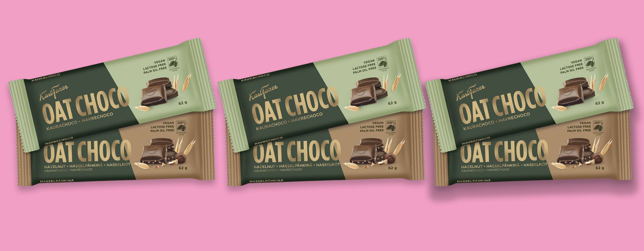 Produktfoto: Fazer 6 veganska chokladkakor mot en rosa bakgrund.