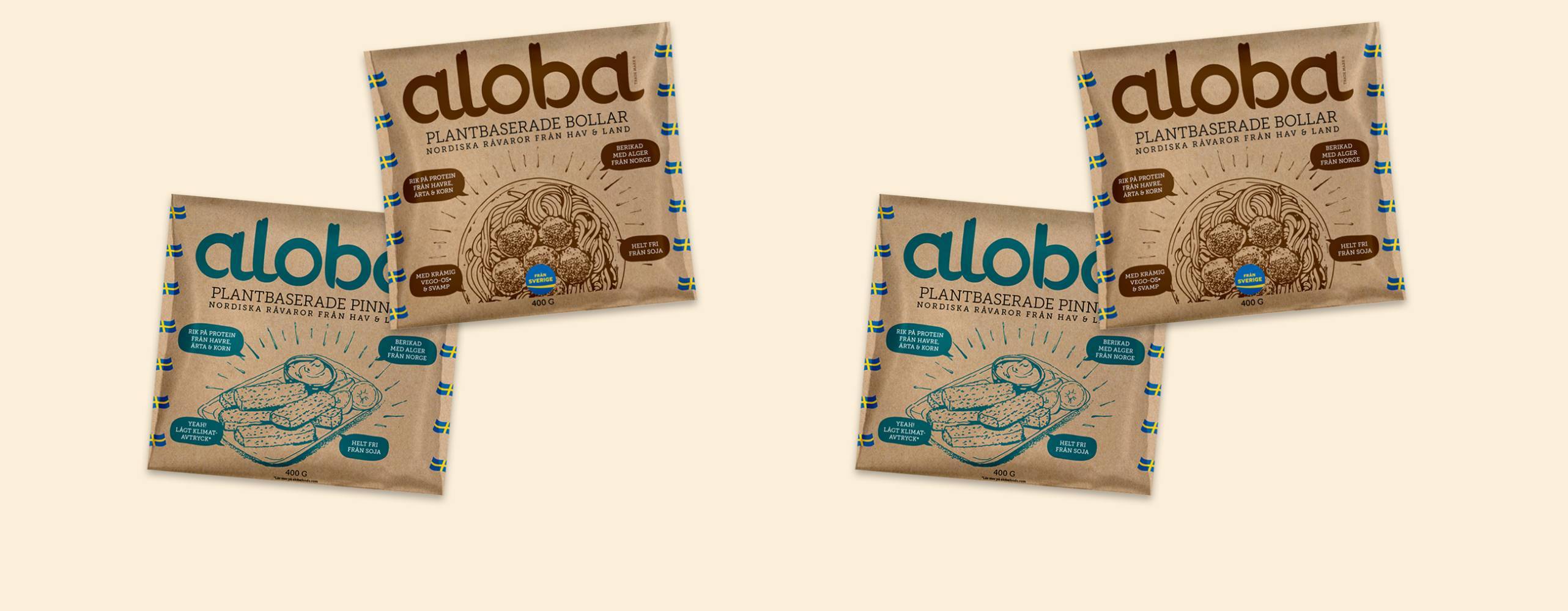 Fyra paket växtbaserade bollar och pinnar i bruna förpackningar mot en ljusgul bakgrund