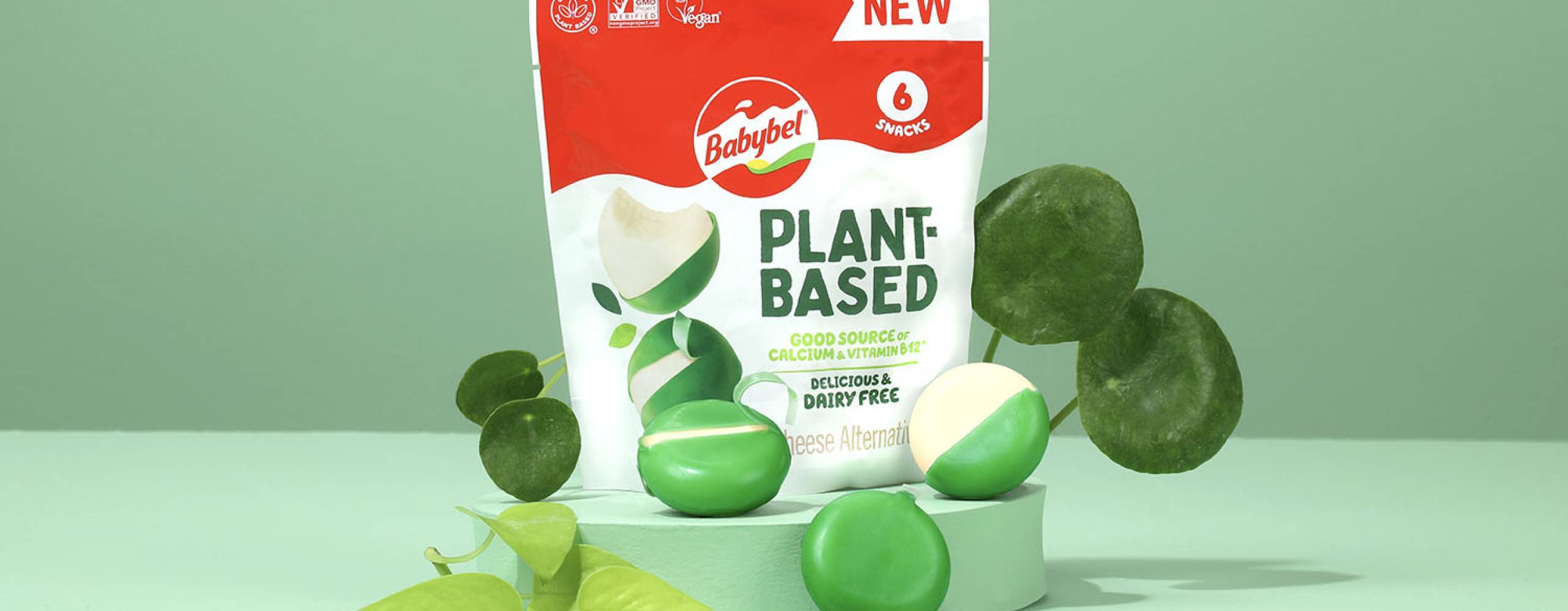 Växtbaserade Babybel-ostar i grönt vax framför produktpåsen mot en grön bakgrund.