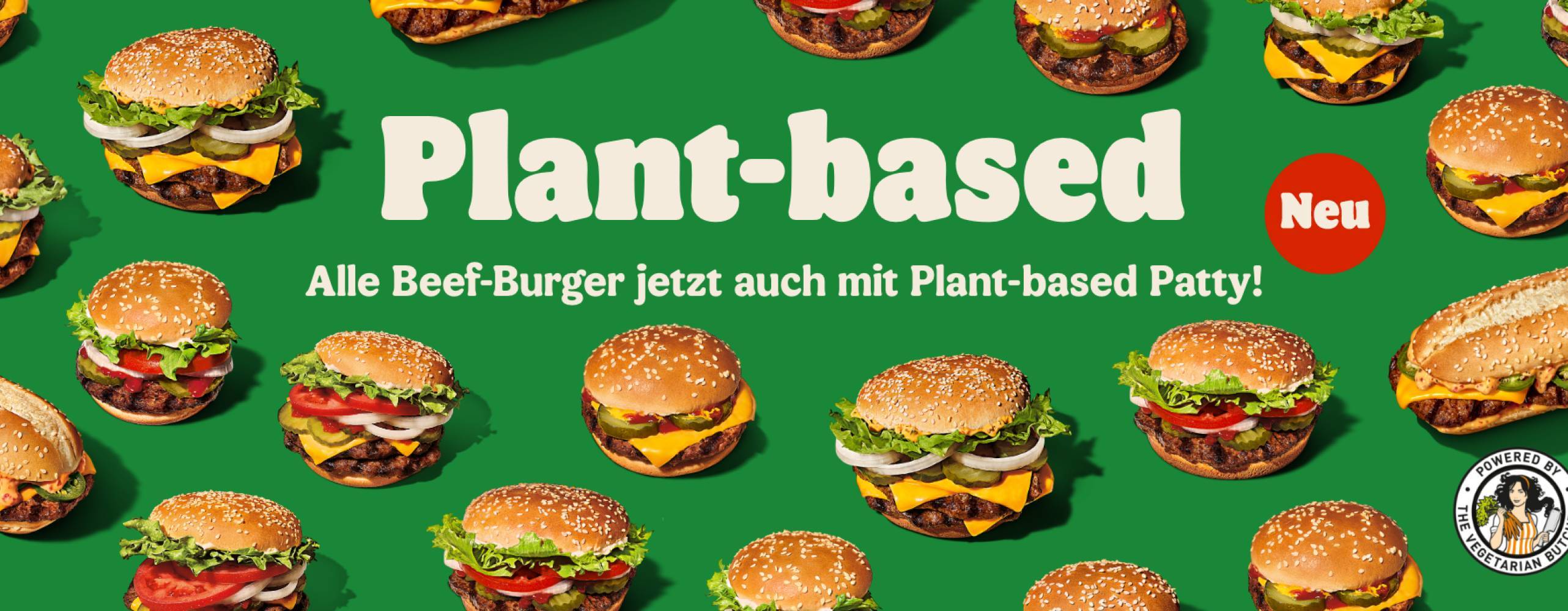 Växtbaserade hamburgare utspridda på en grön bakgrund.