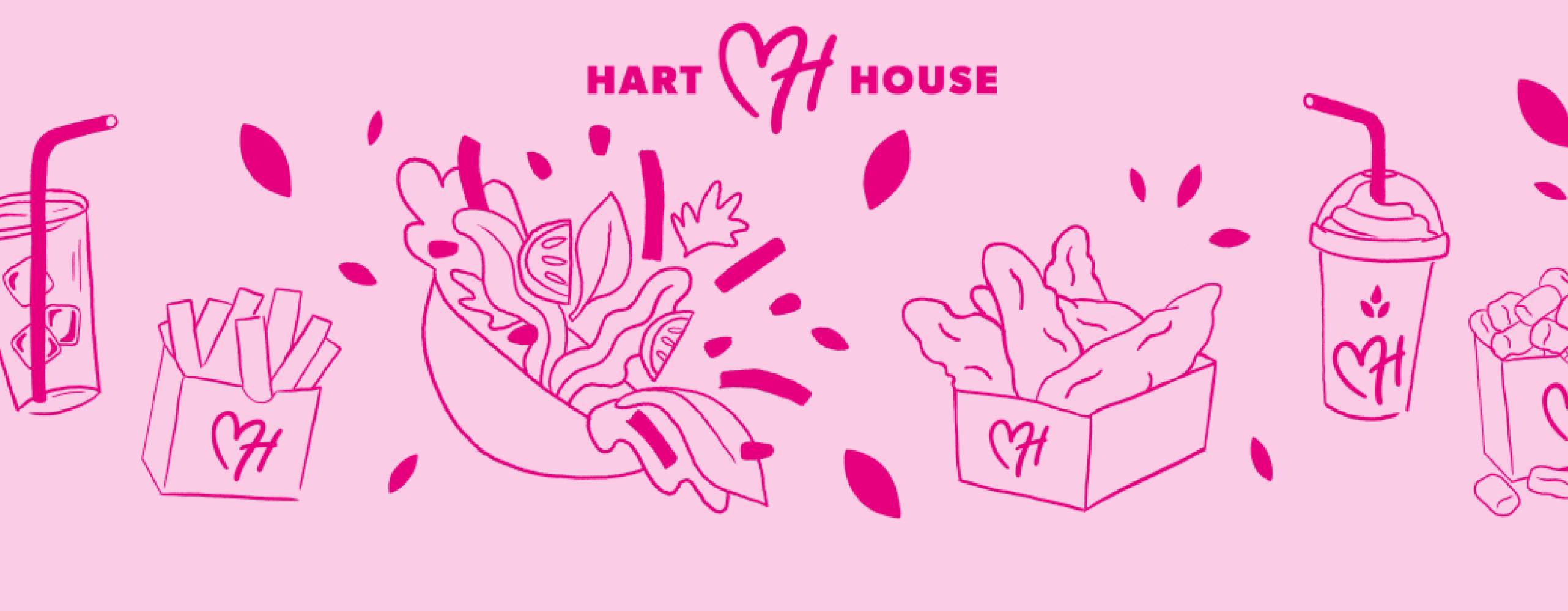 Ritade burgare, sallader, pommes och skakes i mörkrosa mot en ljusrosa bakgrund.