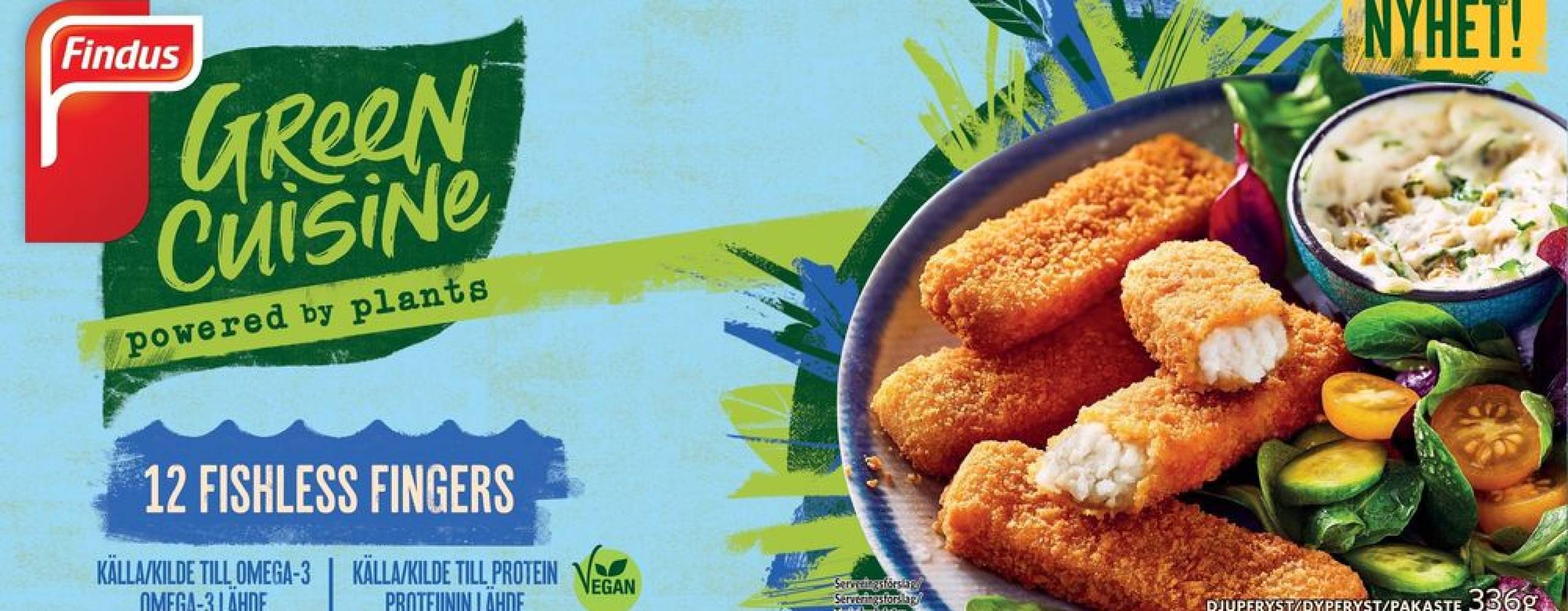 Framsidan på ett paket med växtbaserade fiskpinnar.