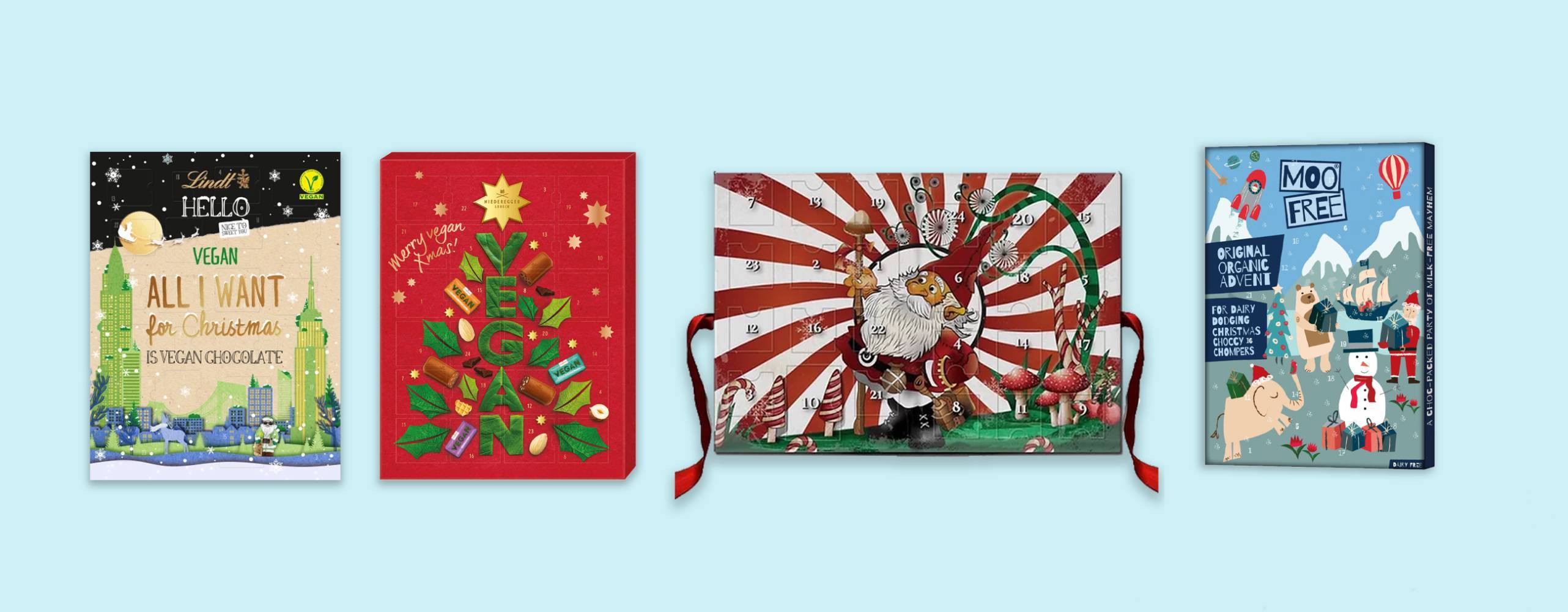 Fyra veganskia chokladkalendrar mot en ljusblå bakgrund