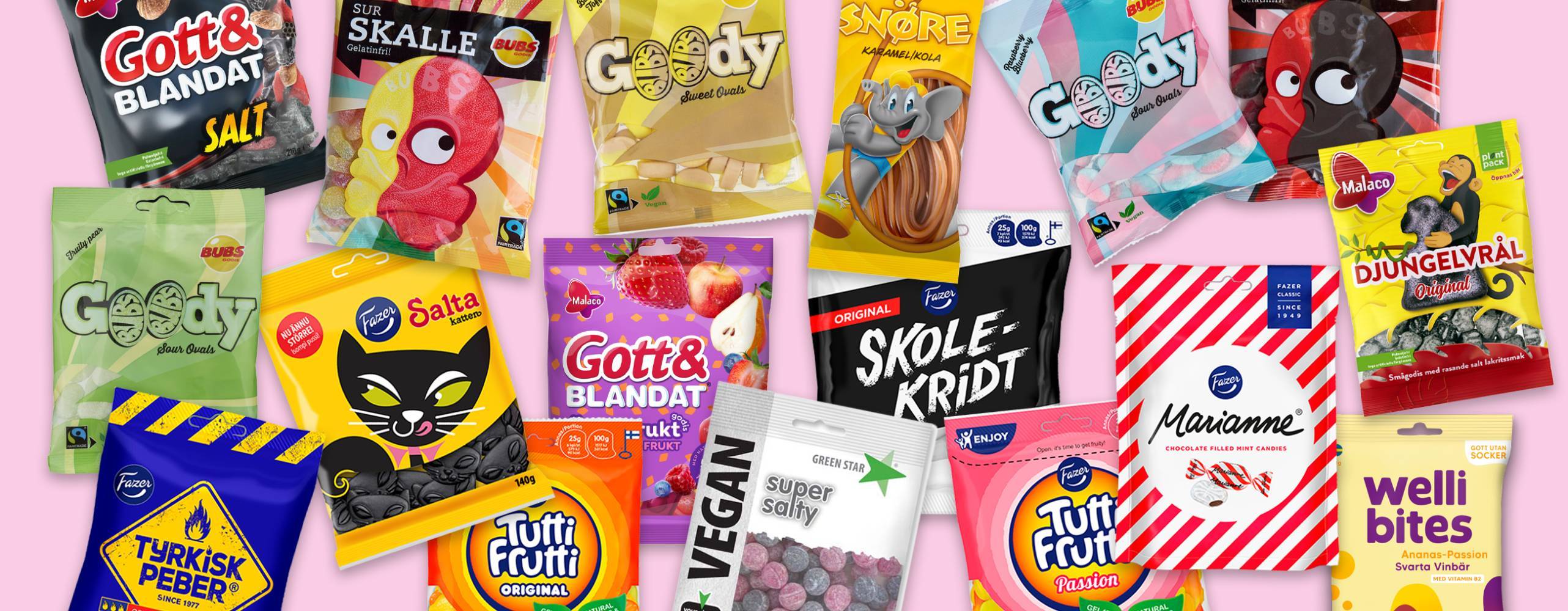 Flera godispåsar utspridda huller om buller mot en ljurosa bakgrund