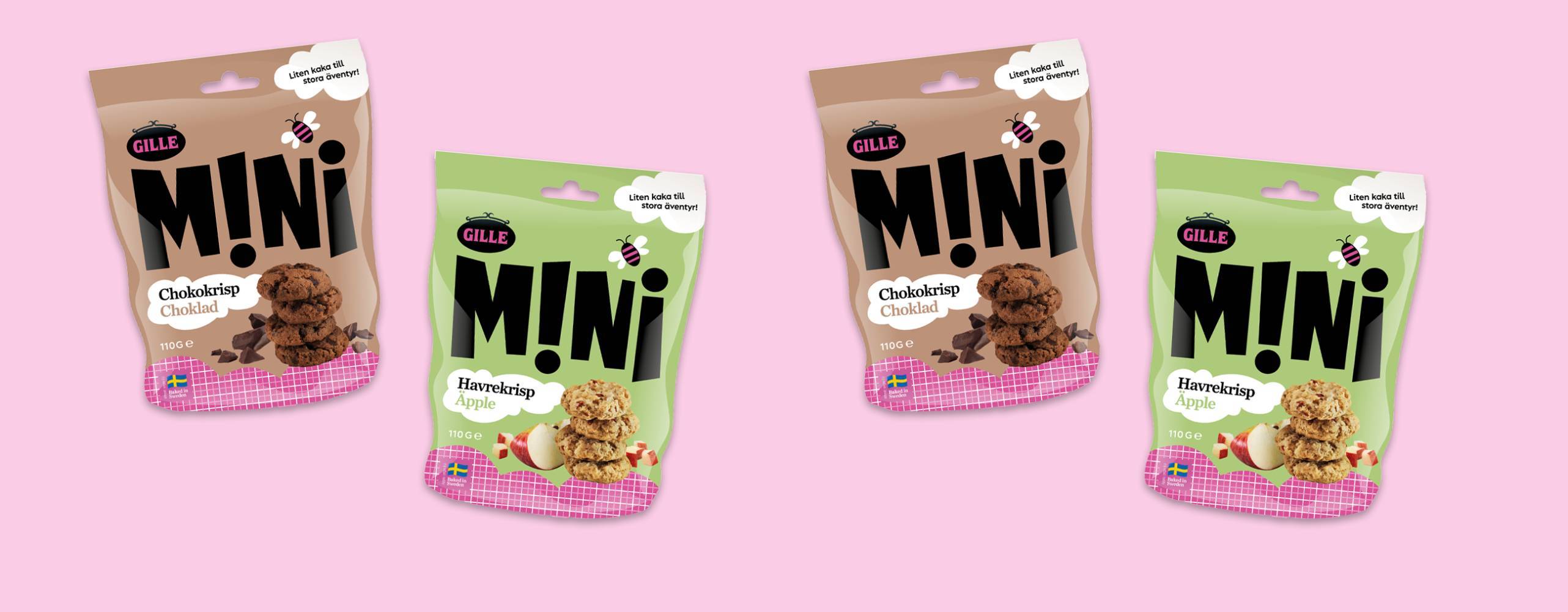 fyra plastförpackningar med minikakor uppradade mot en ljusrosa bakgrund.