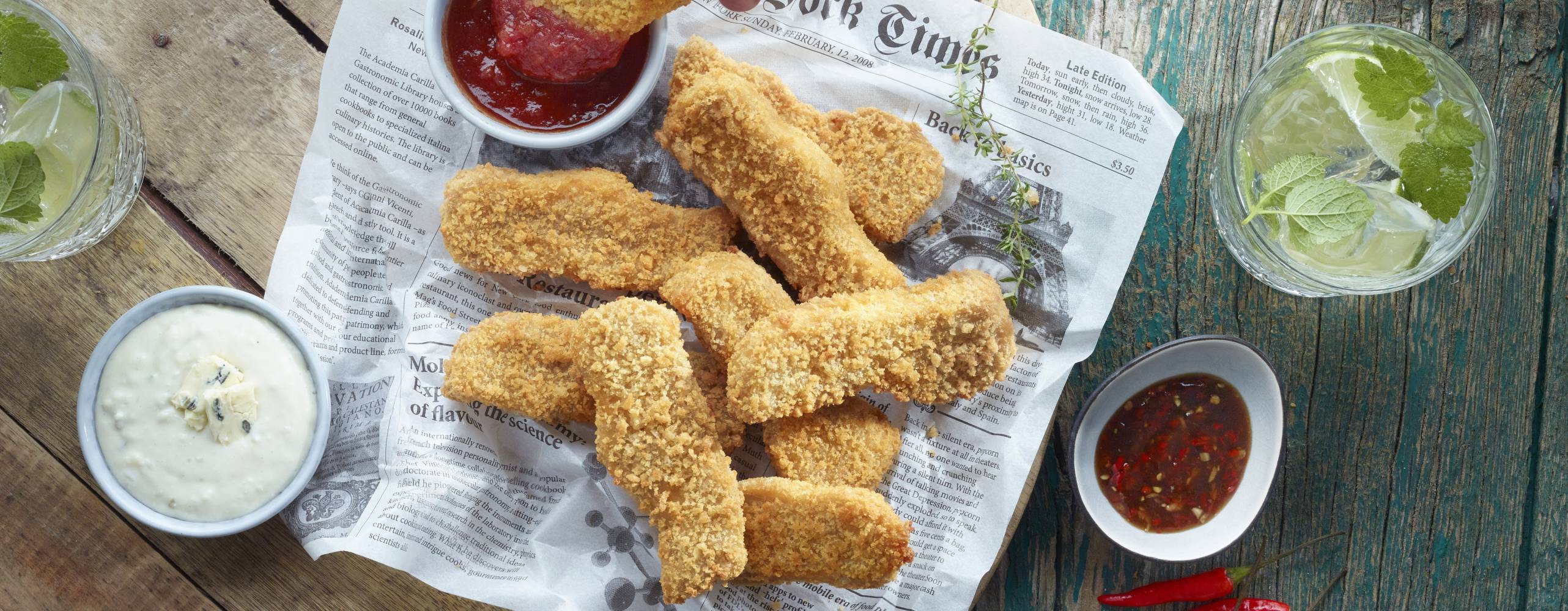 Veganska chicken fingers på ett tidningspapper med massa dippar runt om.