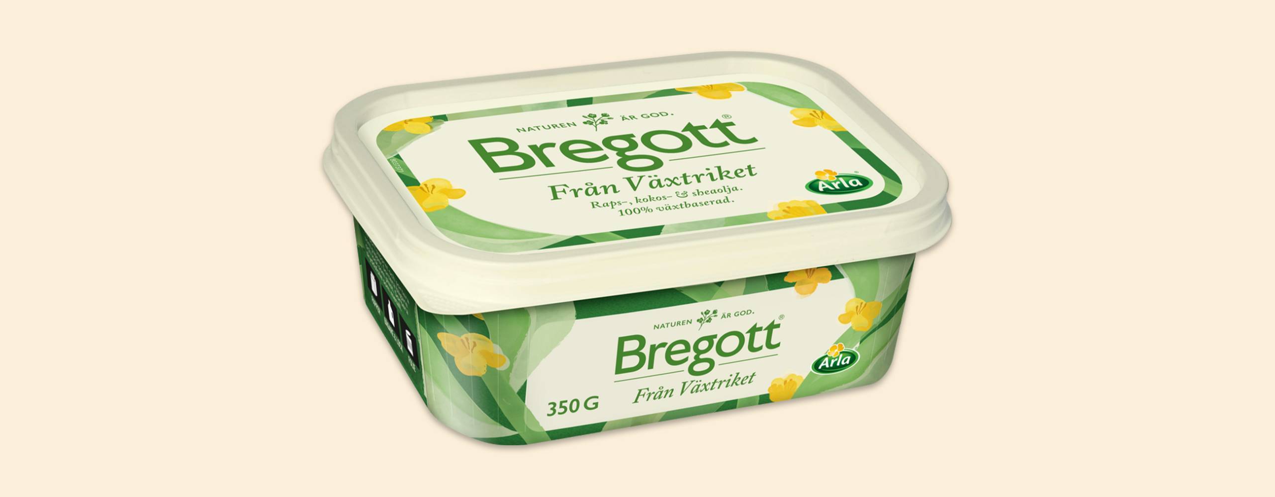 En bytta med växtbaserat smör mot en ljusgul bakgrund