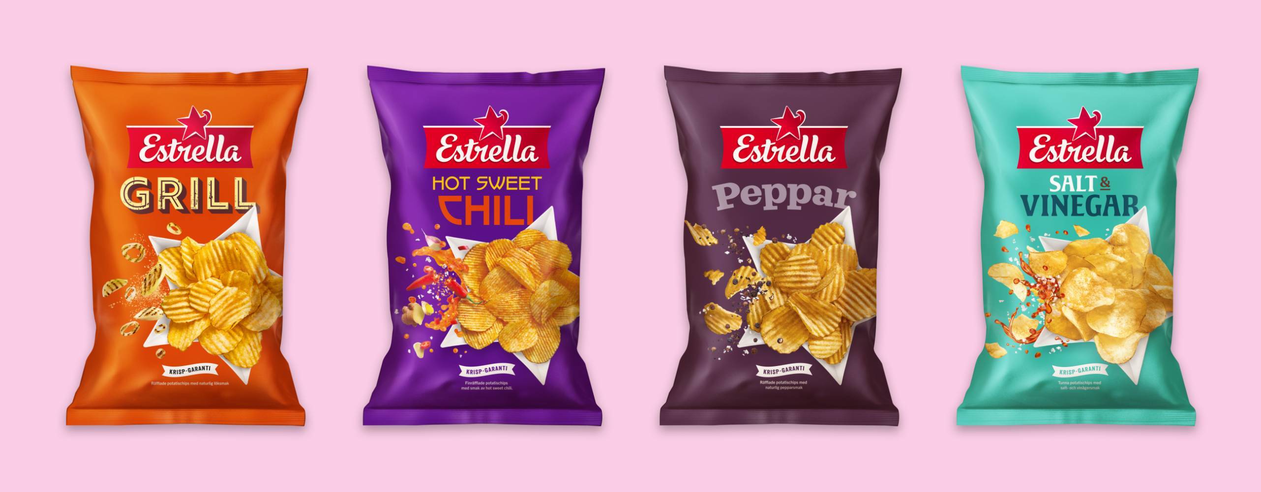 Chipspåsar uppradade mot en ljusrosa bakgrund.