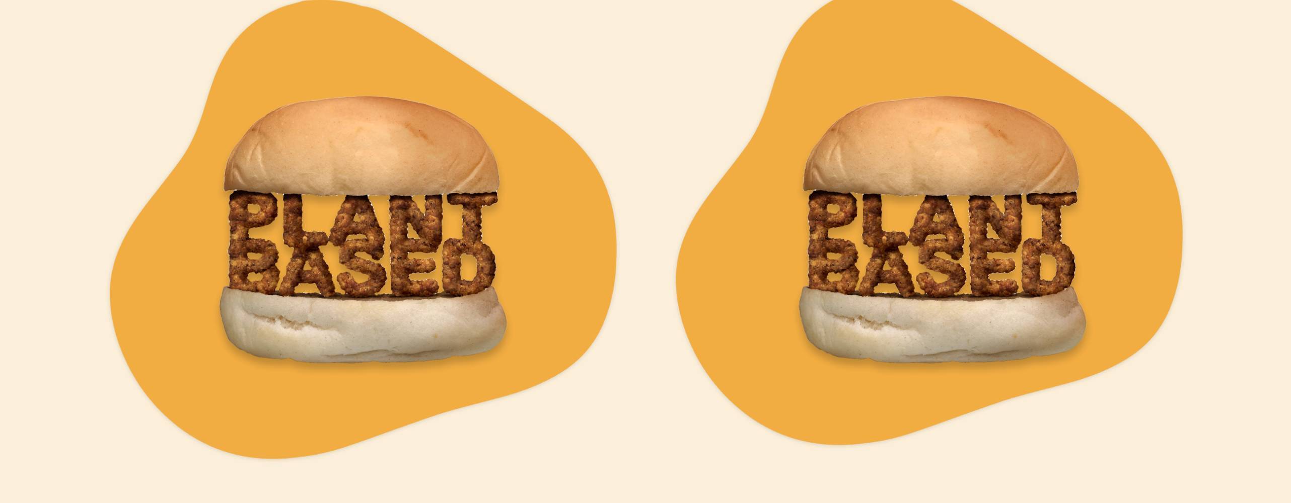 Två mörkgula blobbar på en ljusgul bakgrund. I blobbarna är det två hamburgerbröd med texten plant based emellan.