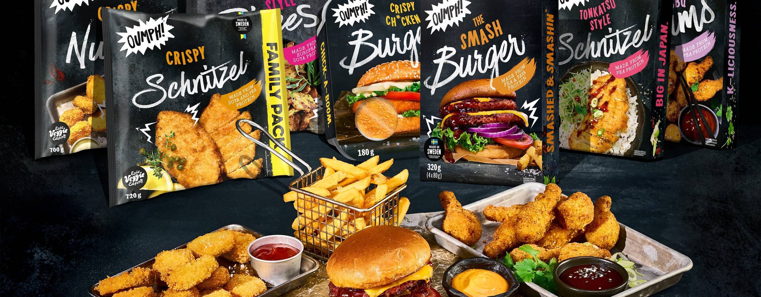 Oumph produkter uppradade mot en svart bakgrund