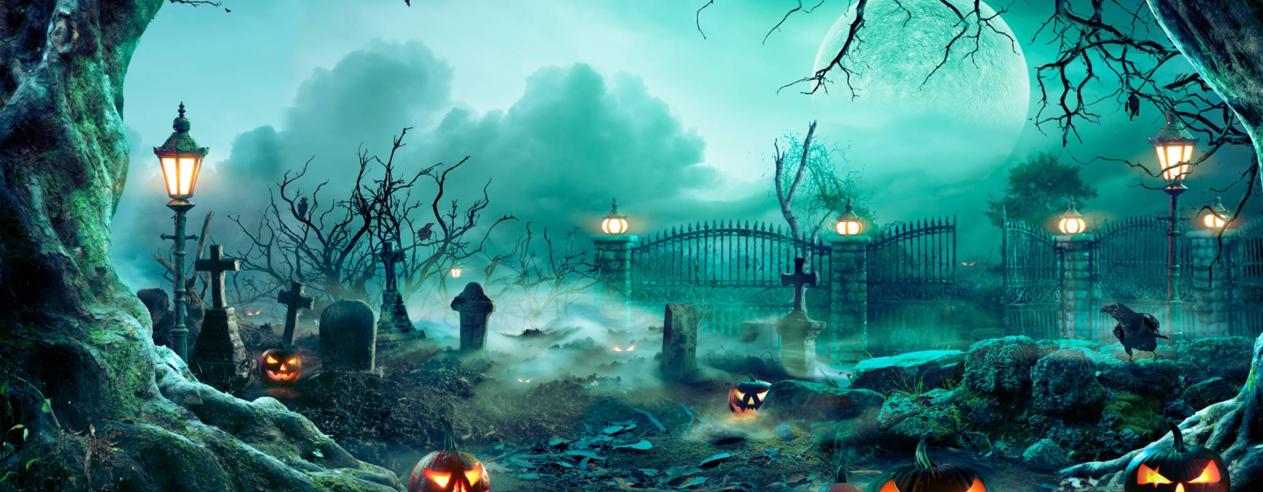 Pumpor i kyrkogård i den läskiga natten - Halloween bakgrund