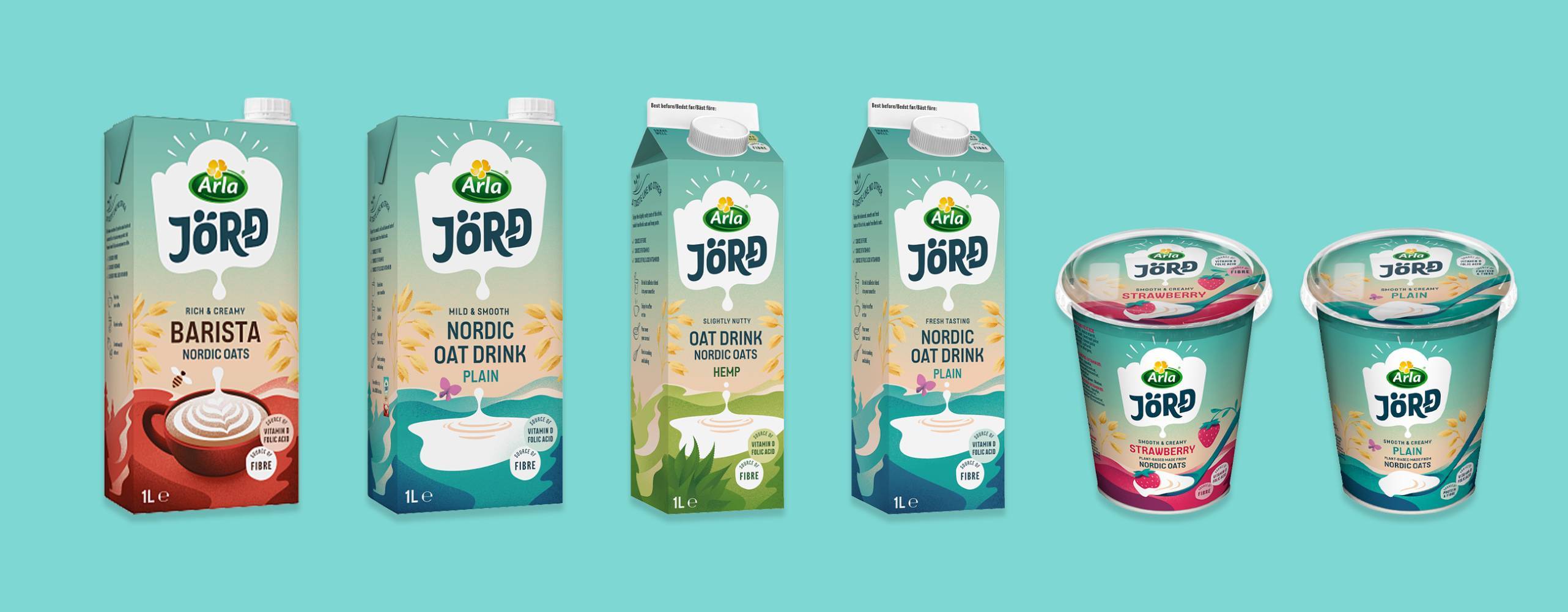 6 förpackningar med havrebaserade växtdrycker och yoghurts uppradade mot en vit bakgrund