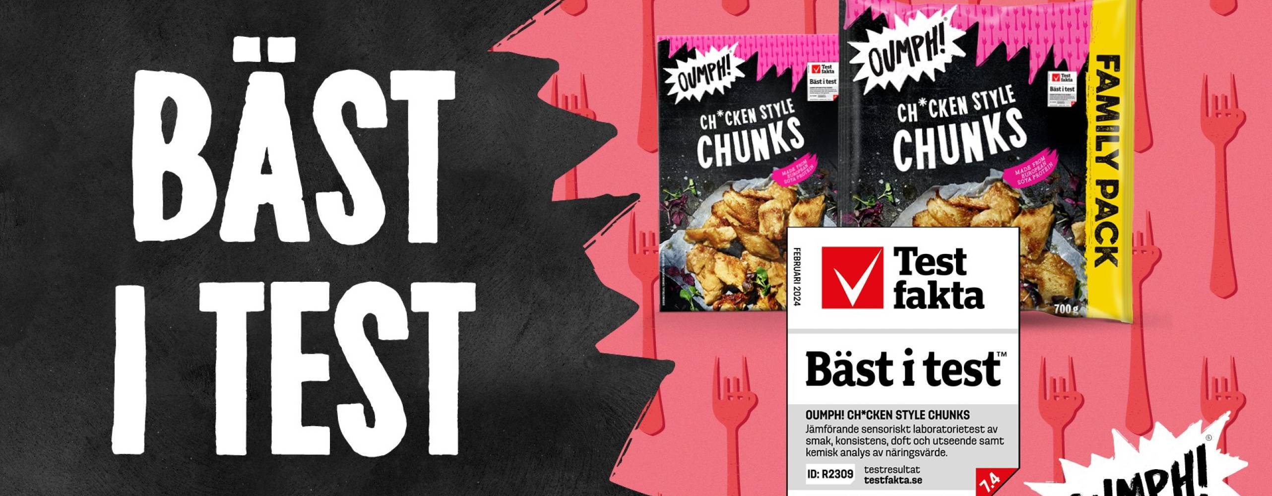 En poster där det står "bäst i test" men två produkter från veganska märket Oumph!