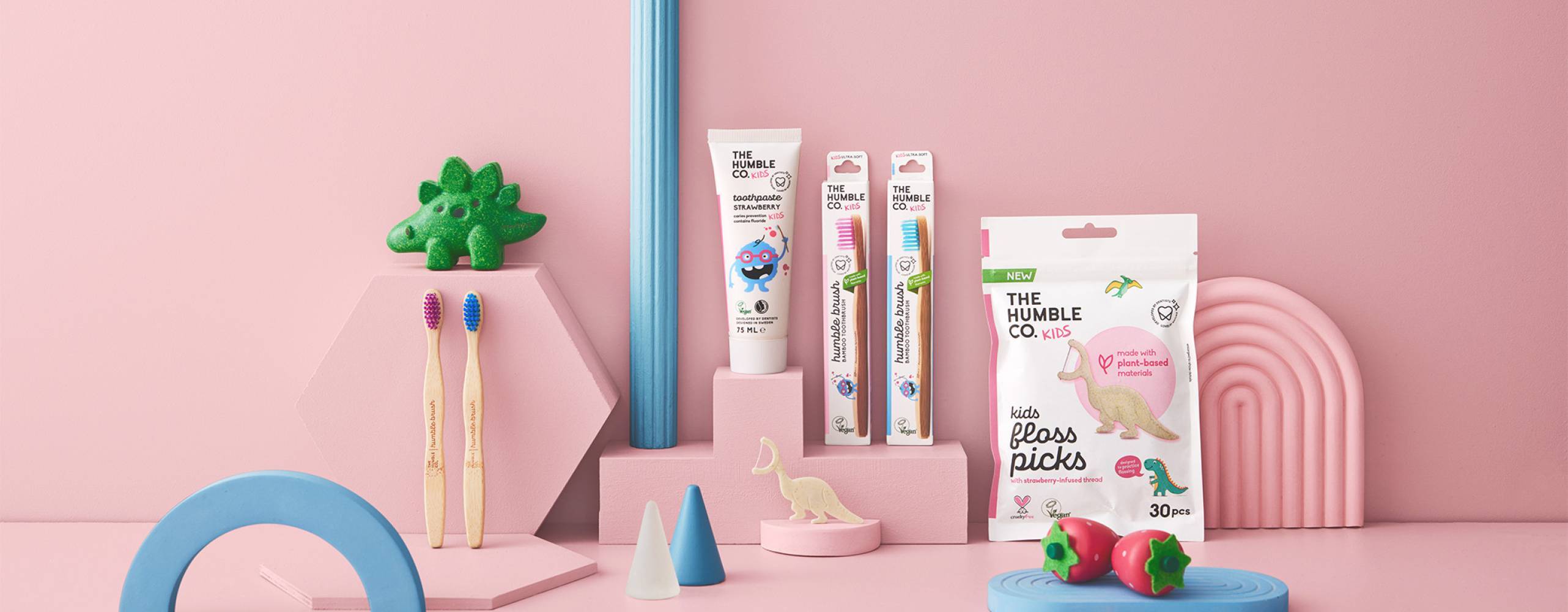 tandtrådsbyglar för barn i form av en dinosaurie och med smak av jordgubb