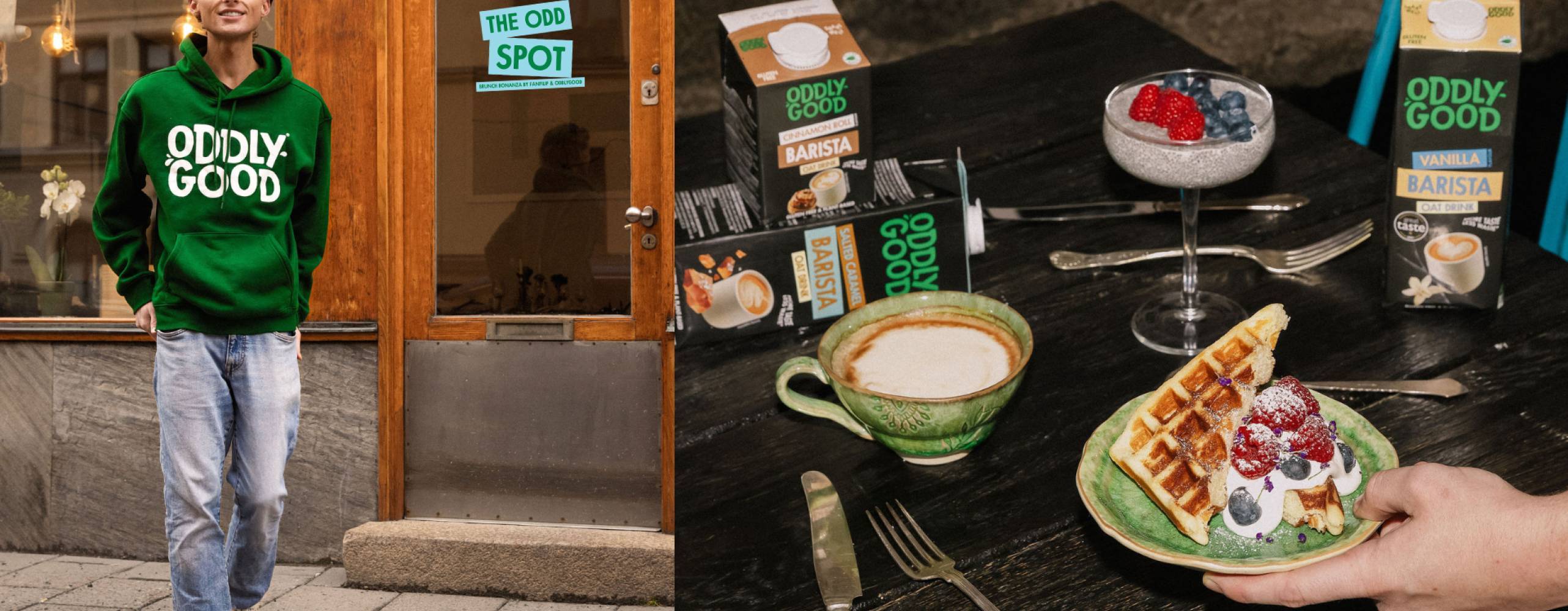 en man i en grön luvtröja framför en port, samt en bild på ett brunchbord