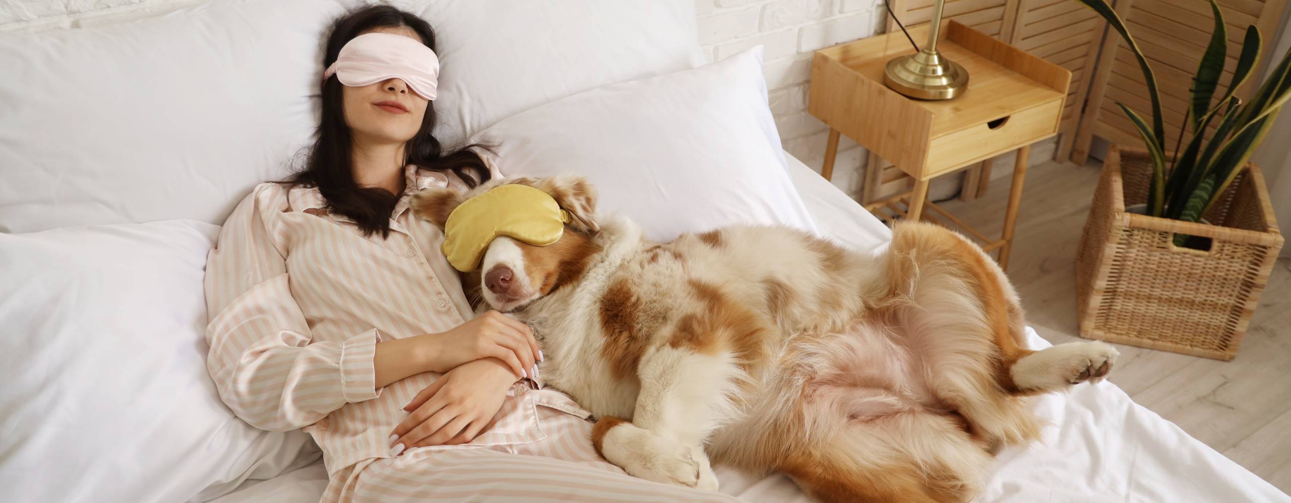 Kvinna som sover med sin hund och båda använder ögonmask
